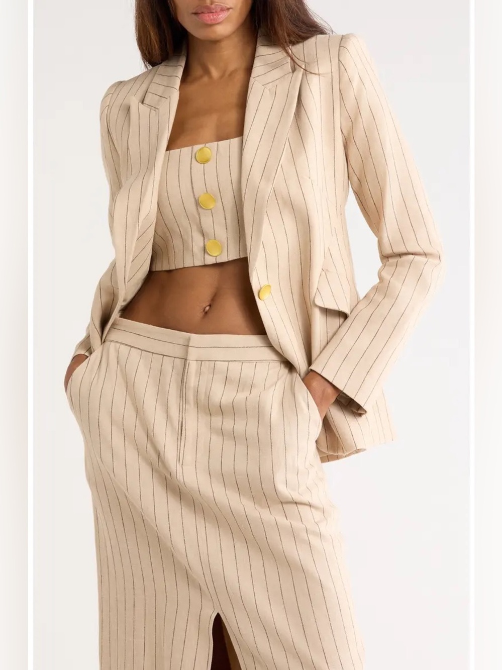 NWT L’Agence Womens Chamberlain Linen Blazer Tan Brown Pinstripe 12